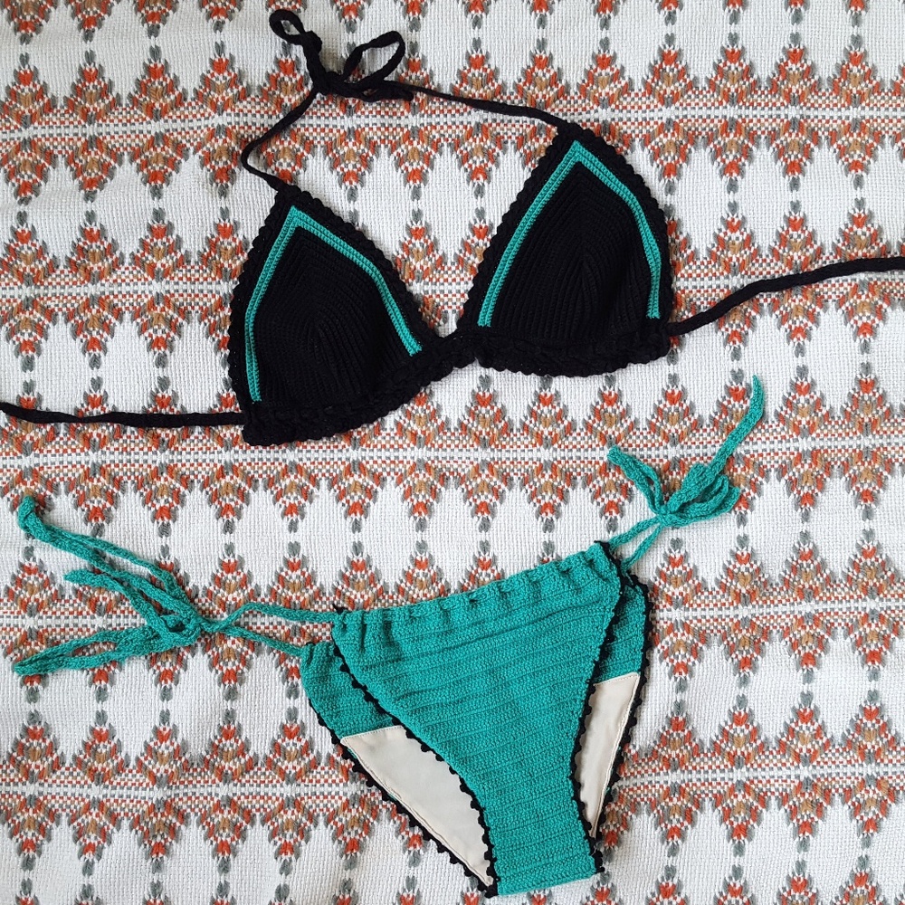 Vintage Crochet Knit String Bikini Black Turquoise